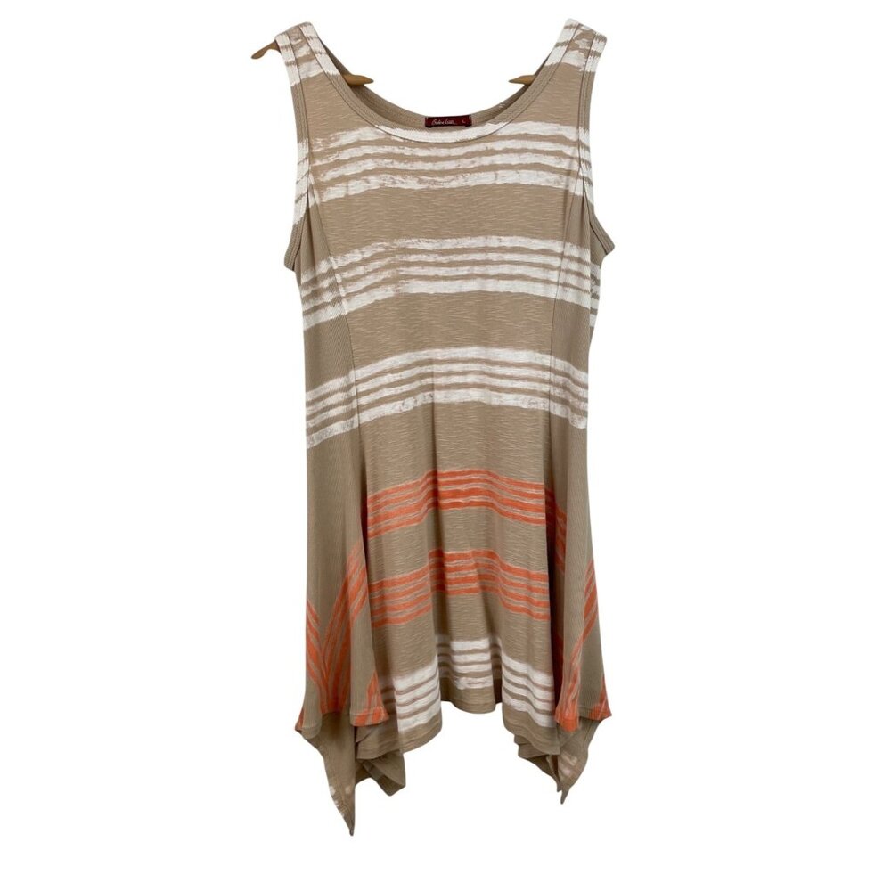 Barbara Lesser Tan Orange Stripe Handkerchief Hem Tank Dress Cotton Women Large